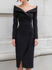 Black off-shoulder structured midi dress with front slit by FJØRNA, featuring a fitted bodice and elegant design.