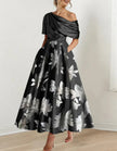 FJØRNA white satin midi dress for women, off-shoulder bodycon style with printed design, elegant and stylish evening wear.