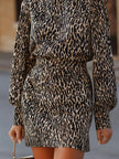 FJØRNA leopard print long-sleeve tailored mini dress, perfect for occasions, with fitted silhouette and stylish design.