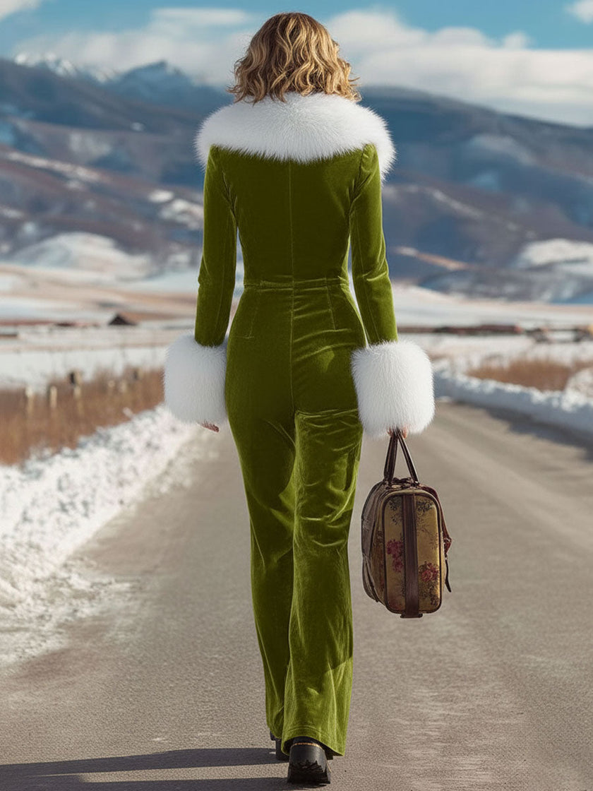 Rose red velvet faux fur collar flared jumpsuit for women by FJØRNA, featuring stylish wide-leg pants and a cozy faux fur detail.