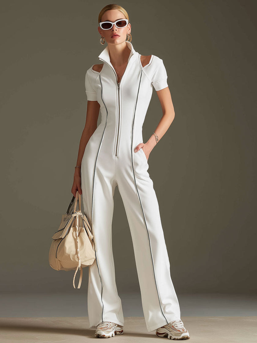 White cotton blend short sleeve wide-leg jumpsuit for women, featuring a relaxed fit and stylish design from FJØRNA.