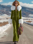 Rose red velvet faux fur collar flared jumpsuit for women, stylish FJØRNA pants with elegant design and cozy texture.