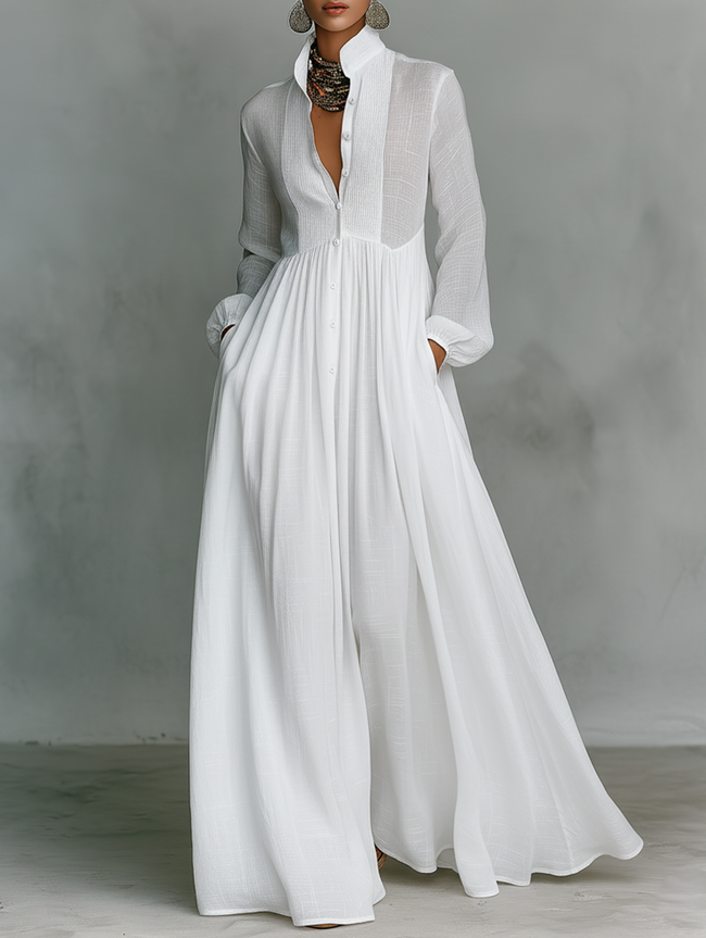 FJØRNA women's summer maxi dress with twist front design and linen fabric, flowing and lightweight for warm weather.