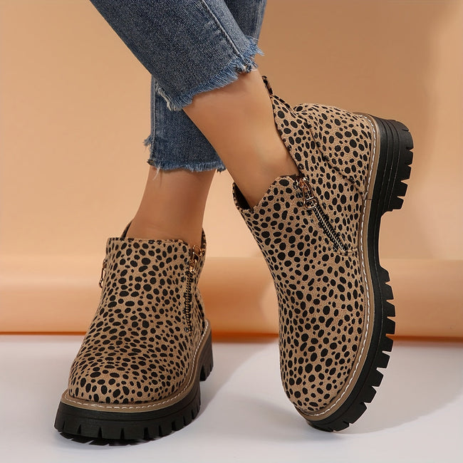 Ankle Boots Leopard Print Suede Lug Sole Chunky Side Zip Winter Boots | Nina