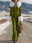 Rose red velvet faux fur collar flared jumpsuit for women by FJØRNA, featuring stylish wide-leg pants and luxurious fabric.