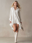 White denim ruffle midi dress by FJØRNA, stylish evening dress with ruffled details and a flattering midi length.