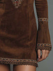 Brown suede embroidered boho mini dress by FJØRNA, featuring a leather dress look with intricate embroidery and relaxed fit.