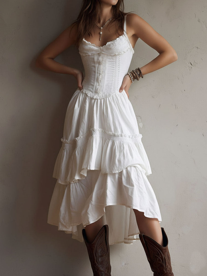 FJØRNA retro boho corset tiered midi dress with lace trim, featuring a flattering silhouette and vintage-inspired design.