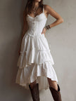 FJØRNA Retro Boho Corset Tiered Midi Dress with lace trim, featuring a tiered silhouette and vintage-inspired design.