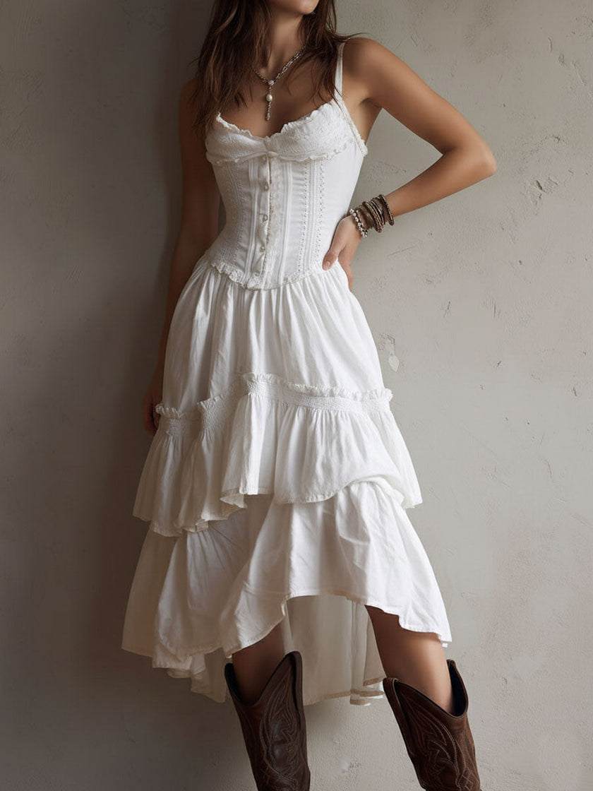 FJØRNA Retro Boho Corset Tiered Midi Dress with lace trim, featuring a tiered silhouette and vintage-inspired design.
