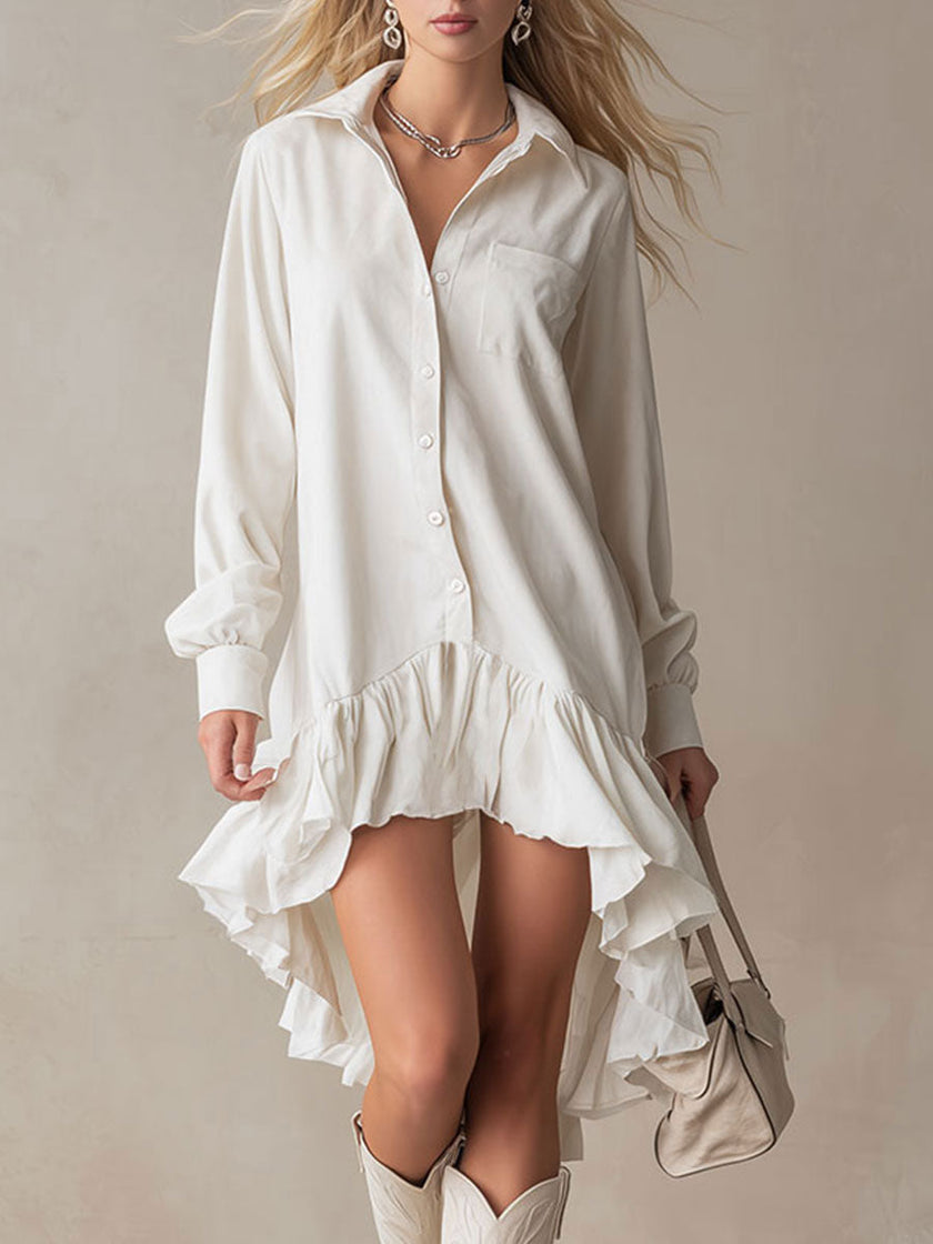 White denim ruffle midi dress by FJØRNA with a fitted waist and ruffled hem, perfect for evening or casual occasions.
