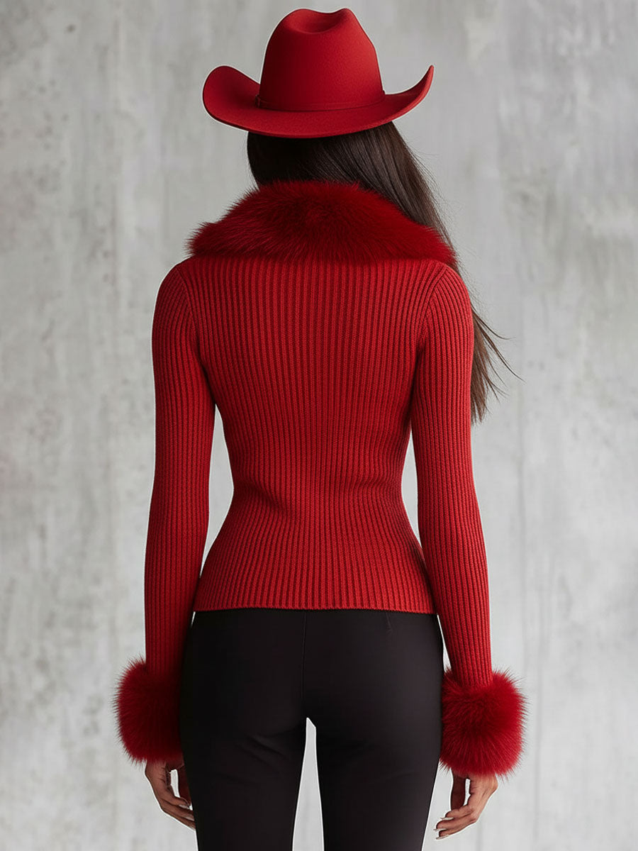 Faux Fur Collar Zip-Up Knit Cardigan with Lapels and Fur Cuffs for Women