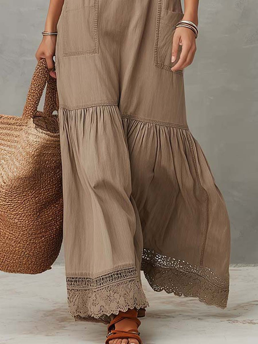 FJØRNA khaki cotton sleeveless maxi dress for women, flowing casual dress with a relaxed fit and sleeveless design.