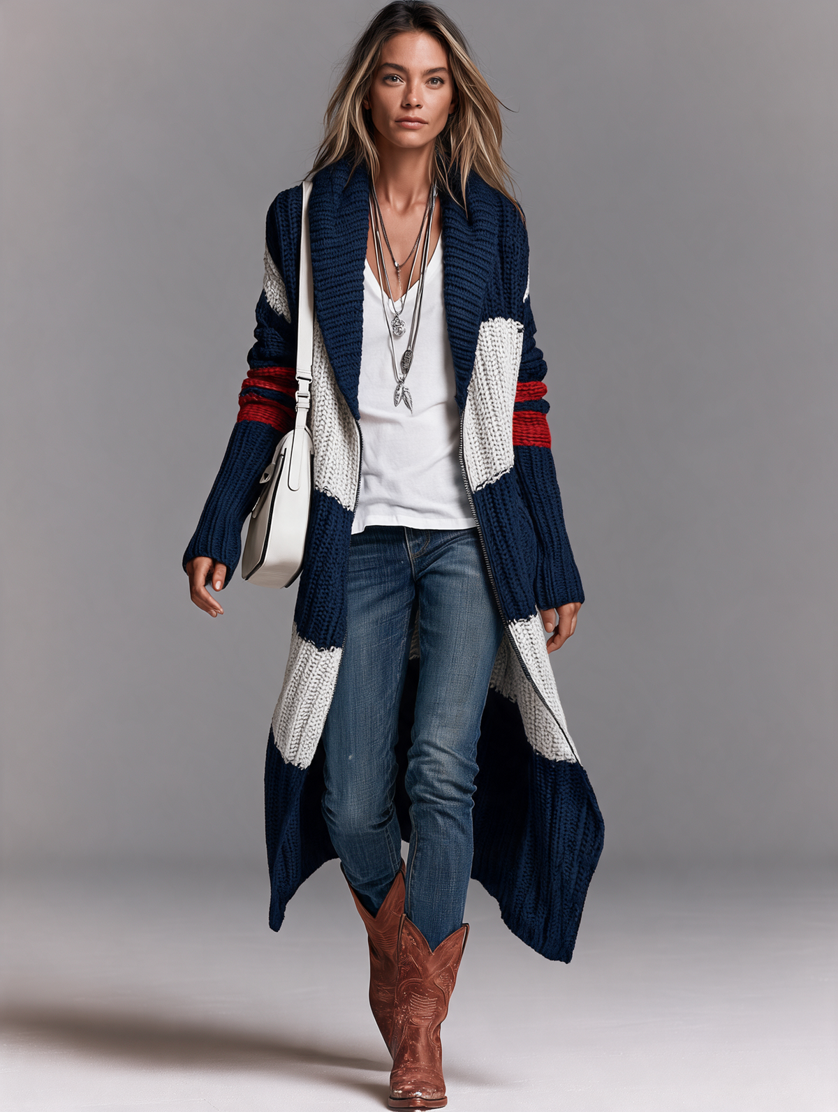 Long Zip-Up Knit Cardigan with Shawl Collar and Relaxed Fit for Women