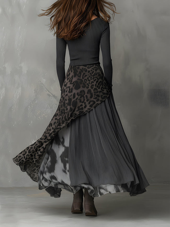 FJØRNA leopard print maxi dress, casual flowy dress with long sleeves and bold animal pattern, perfect for stylish everyday wear