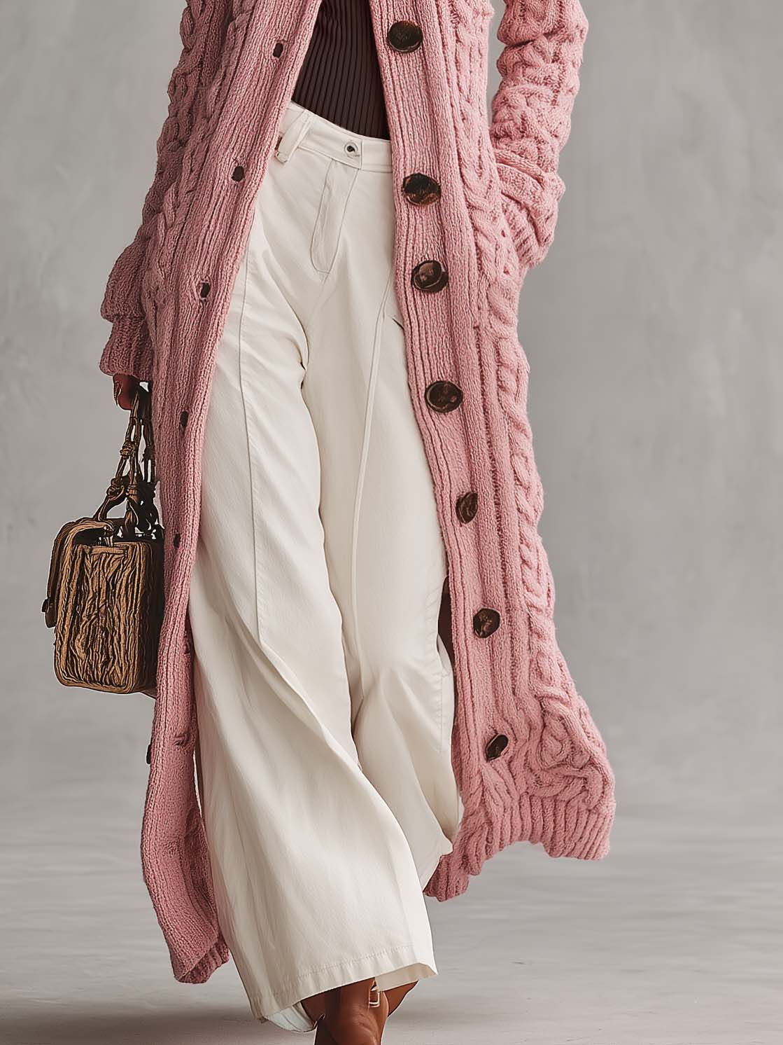 Pink Chunky Cable-Knit Maxi Duster Cardigan with Mock Neck and Buttons for Women