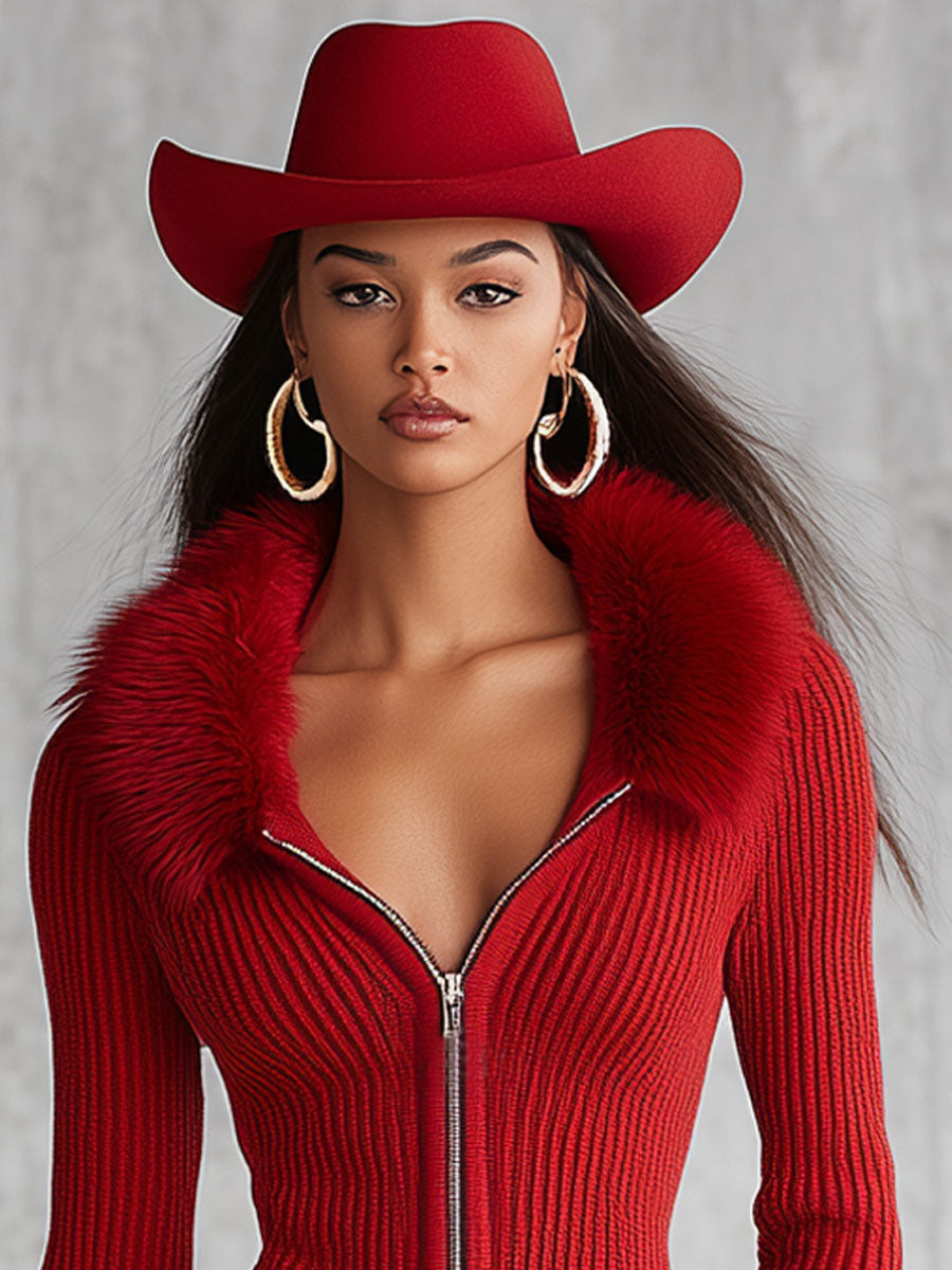 Faux Fur Collar Zip-Up Knit Cardigan with Lapels and Fur Cuffs for Women
