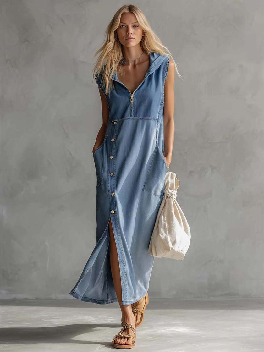 Blue denim V-neck midi dress by FJØRNA, casual dress with a relaxed fit and stylish V-neckline, shown on a model.