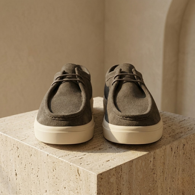 FJØRNA men's suede lace-up loafers showing classic slip-on design with soft suede material and stylish stitching details.