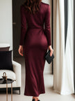 FJØRNA burgundy satin wrap midi dress for summer business occasions, featuring a sleek, elegant design and flattering fit.