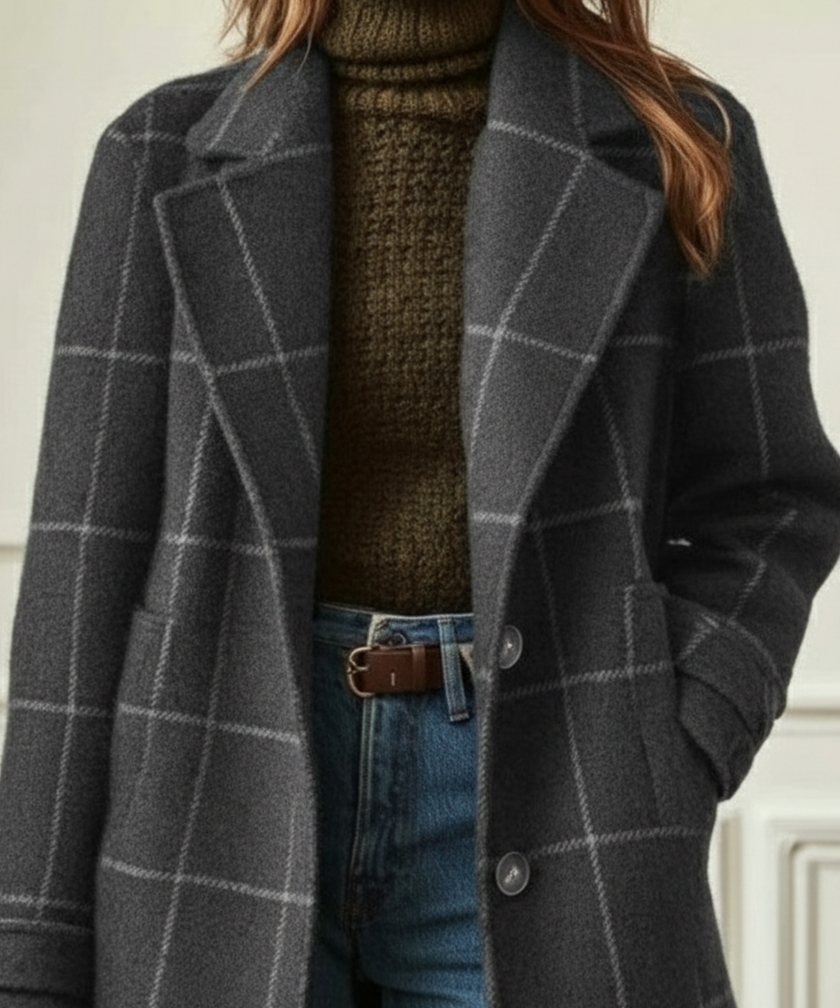 Wool Blend Check Coat Women Lapel Collar Tweed Winter
