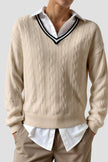 Cable Knit Sweater Women V-Neck Contrast Trim Cotton Long Sleeve