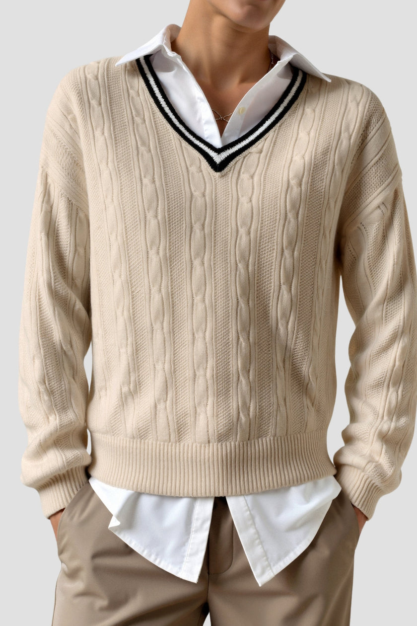 Cable Knit Sweater Women V-Neck Contrast Trim Cotton Long Sleeve