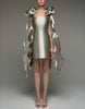 Silver satin cocktail dress by FJØRNA featuring a square neckline, strappy details, bodycon fit, and cape-style design.