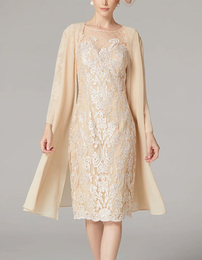 FJØRNA apricot chiffon mini dress for women with long sleeves, bodycon fit, embroidered details, perfect for elegant occasions.