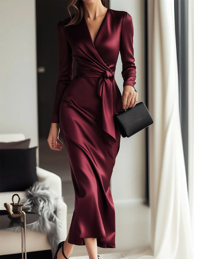 FJØRNA burgundy satin midi dress for women with V-neck, long sleeves, and mermaid silhouette, perfect for elegant occasions.