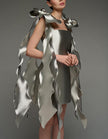 Silver satin cocktail dress for women with square neckline, bodycon fit, cape style, and strappy details by FJØRNA.