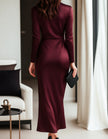 Burgundy satin midi dress for women by FJØRNA, V-neck, long sleeves, mermaid silhouette, elegant formal dress.