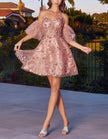 Black tulle cocktail dress for women with floral puff sleeves by FJØRNA, featuring a stylish and elegant design.