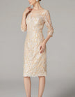 FJØRNA apricot chiffon mini dress for women with long sleeves and embroidered details, bodycon fit, perfect for elegant occasions.