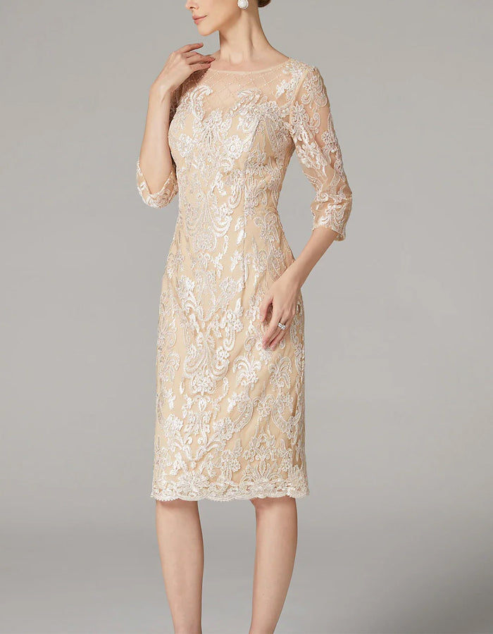 FJØRNA apricot chiffon mini dress for women with long sleeves and embroidered details, bodycon fit, perfect for elegant occasions.