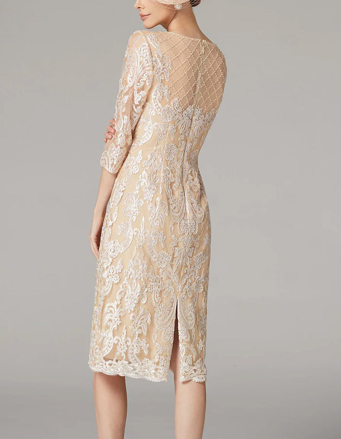 FJØRNA apricot chiffon mini dress for women with long sleeves and embroidered bodycon fit, perfect for elegant occasions.