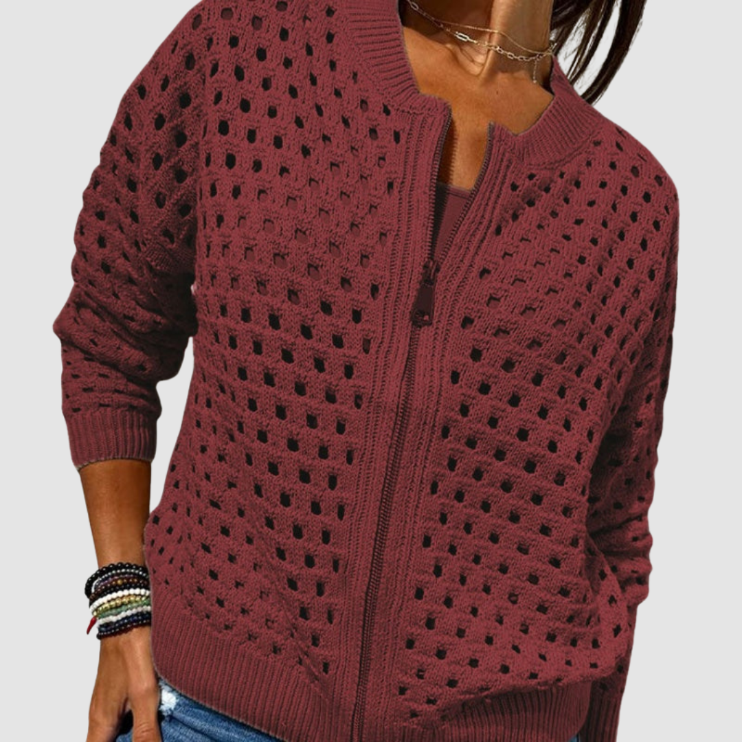 Plaid Zip-Up Knit Cardigan Sweater with Cut-Out Details for Women | Desiree