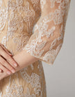 FJØRNA apricot chiffon mini dress for women with long sleeves and embroidered details, bodycon fit, elegant and stylish.