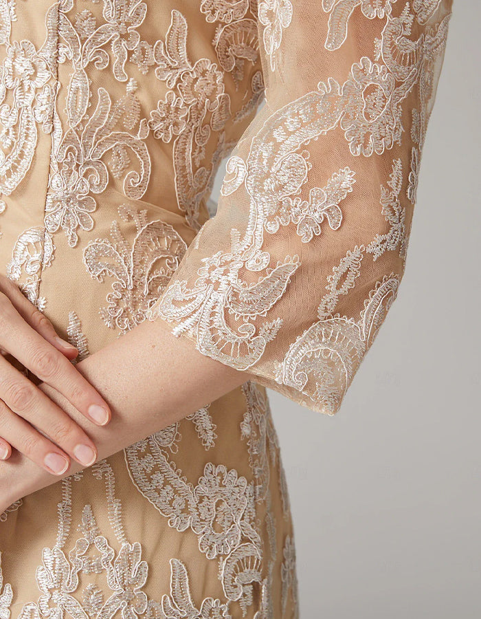 FJØRNA apricot chiffon mini dress for women with long sleeves and embroidered details, bodycon fit, elegant and stylish.