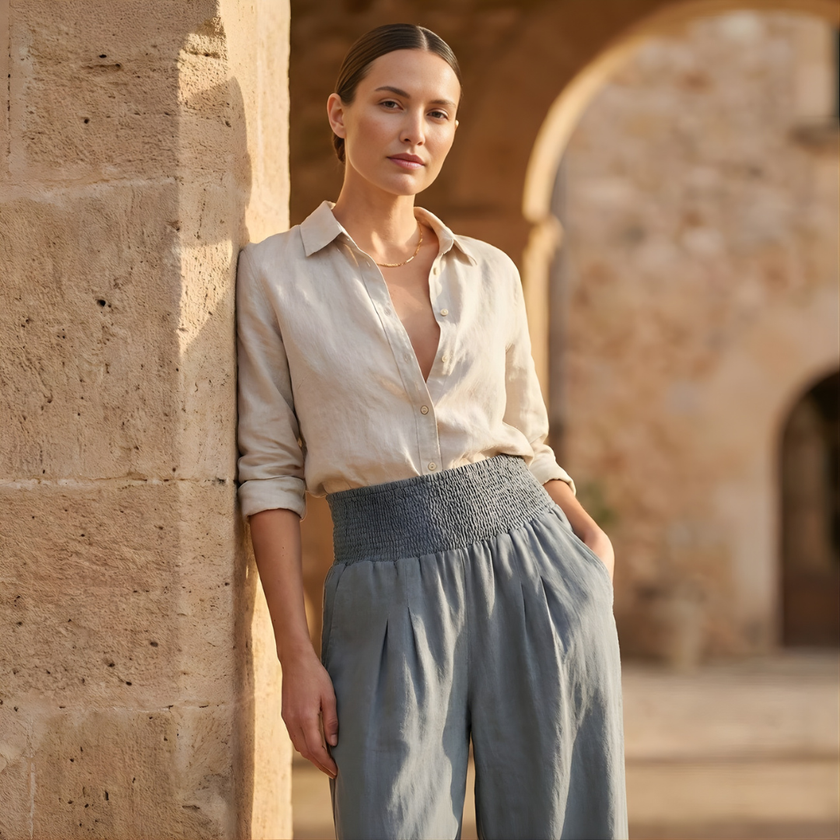 FJØRNA high waist wide-leg white women’s pants, stylish and flowing, with a relaxed fit and crisp fabric detail.
