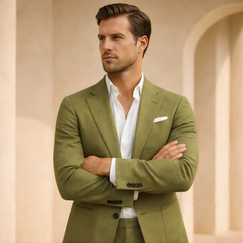 Men's summer two-piece suit set by FJØRNA featuring wedding pants, includes matching blazer and trousers in a stylish, lightweight design.