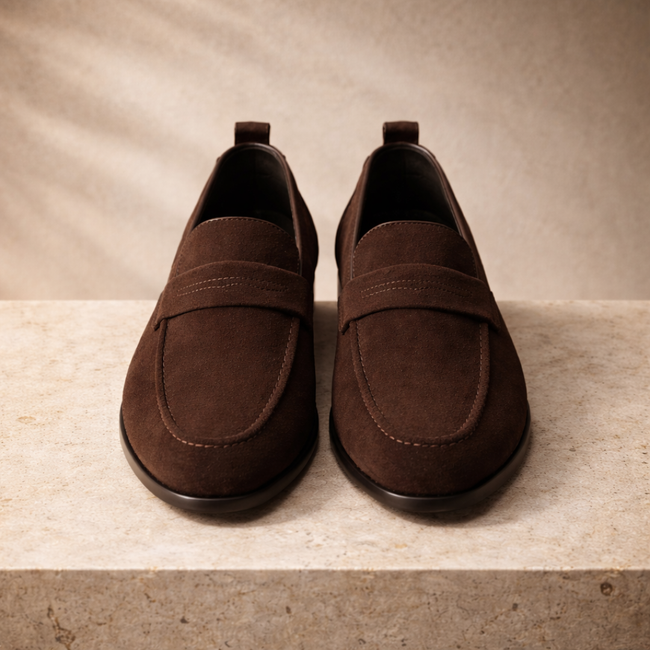 FJØRNA men's leather penny loafers, classic slip-on shoes with smooth brown leather and stylish design.