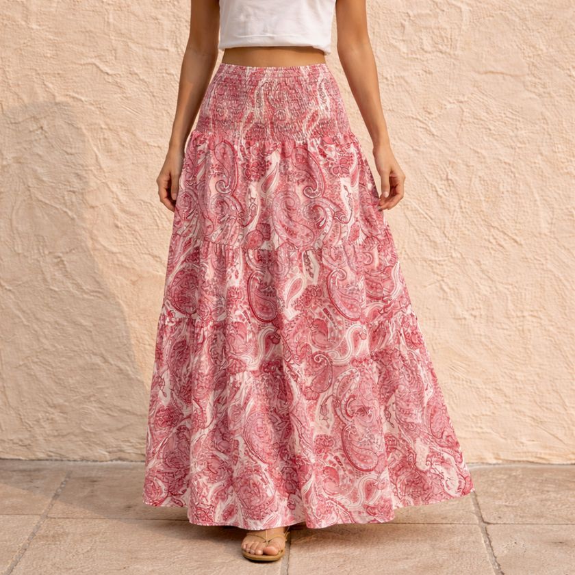 FJØRNA pink paisley shirred high-waist boho maxi skirt for women, flowing white maxi skirt with bohemian style and intricate pattern