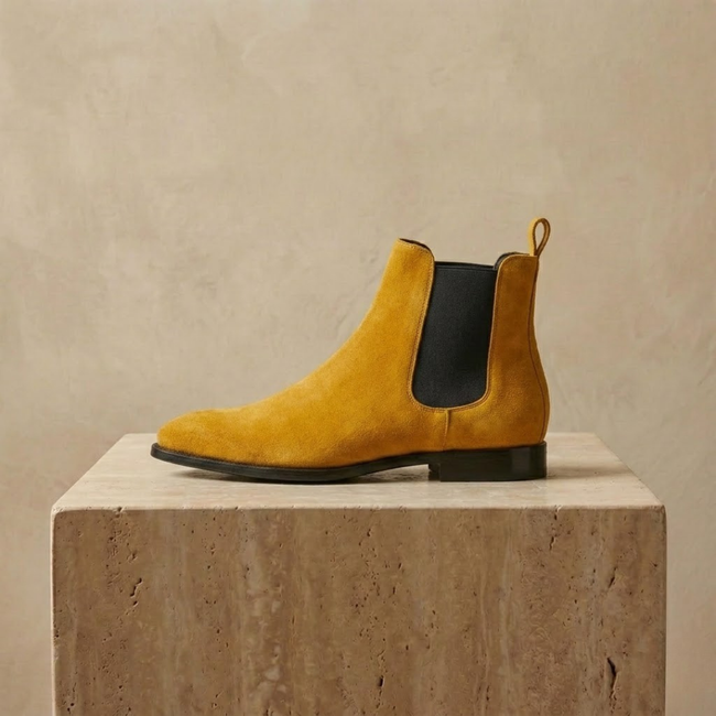 FJØRNA men's tan suede Chelsea boots with classic slip-on design and elastic side panels, stylish footwear for men.