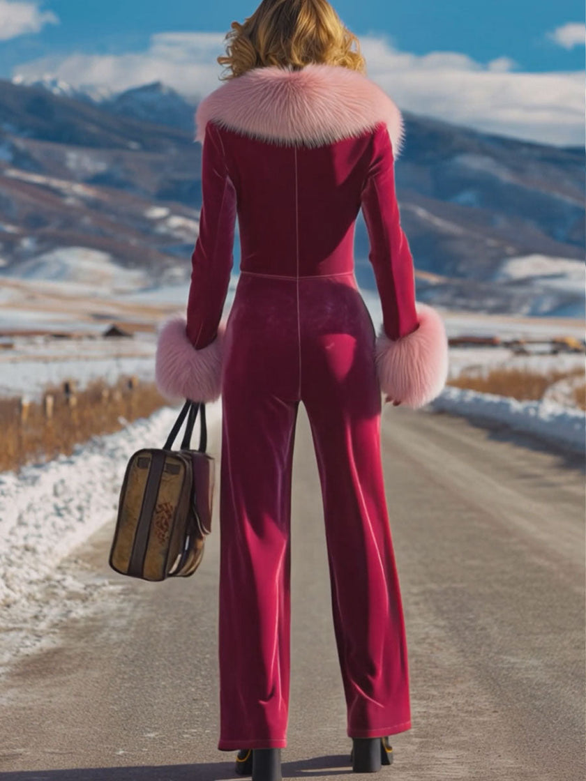 Rose red velvet faux fur collar flared jumpsuit for women from FJØRNA, featuring wide-leg pants and a stylish, cozy design.