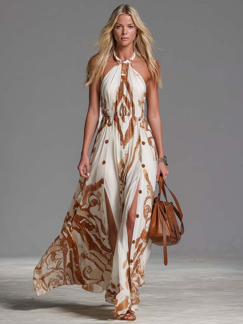 FJØRNA Off-White chiffon halter neck maxi dress with flowing fabric and casual style, featuring a sleeveless design and relaxed fit.