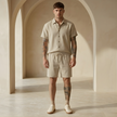 Men's linen blend shirt and shorts co-ord set by FJØRNA, featuring lightweight summer vacation outfit with casual fit and breathable fabric.