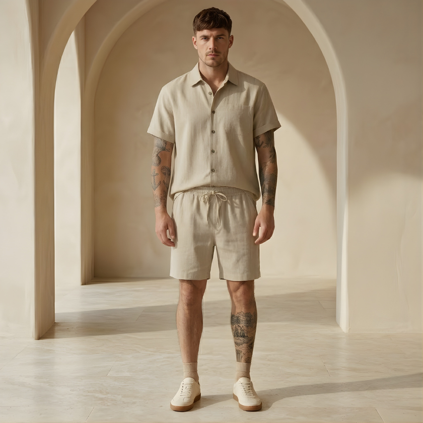 Men's linen blend shirt and shorts co-ord set by FJØRNA, featuring lightweight summer vacation outfit with casual fit and breathable fabric.