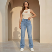 Women's high waist slim fit bootcut jeans from FJØRNA in classic cotton denim, showing the fit and style of the pants.