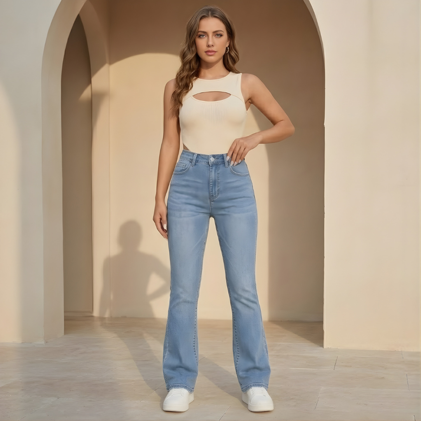 Women's high waist slim fit bootcut jeans from FJØRNA in classic cotton denim, showing the fit and style of the pants.